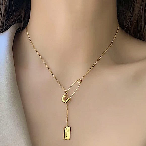 Safety Pin Gold Plated Love Necklace - Picture 5 of 14